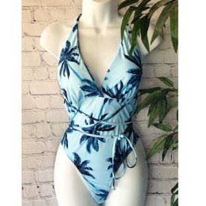 Tropic-chic Coco Palm One-Piece Swimsuit in Azure Blue